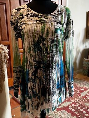Adam Jacobs Abstract Multicolored Medium Shirt Tunic Top Green Blue Tones
